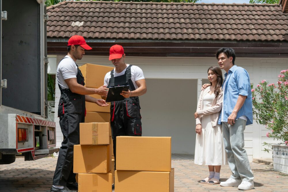 Man movers worker in black uniform unloading cardboard boxes from truck