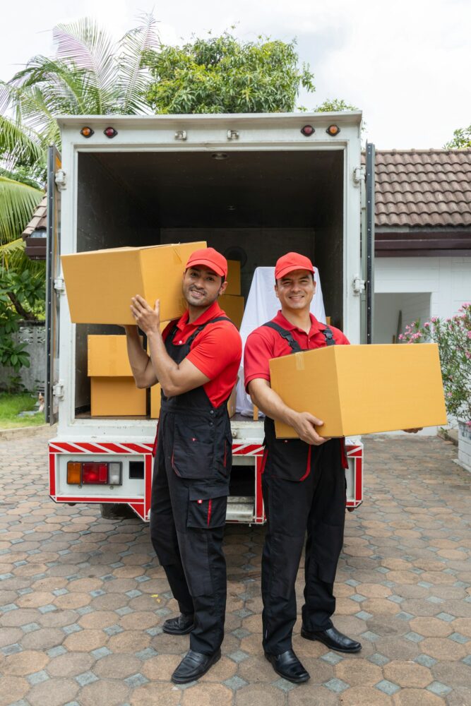 Portrait of two movers unloading boxes and furniture from a pickup truck.